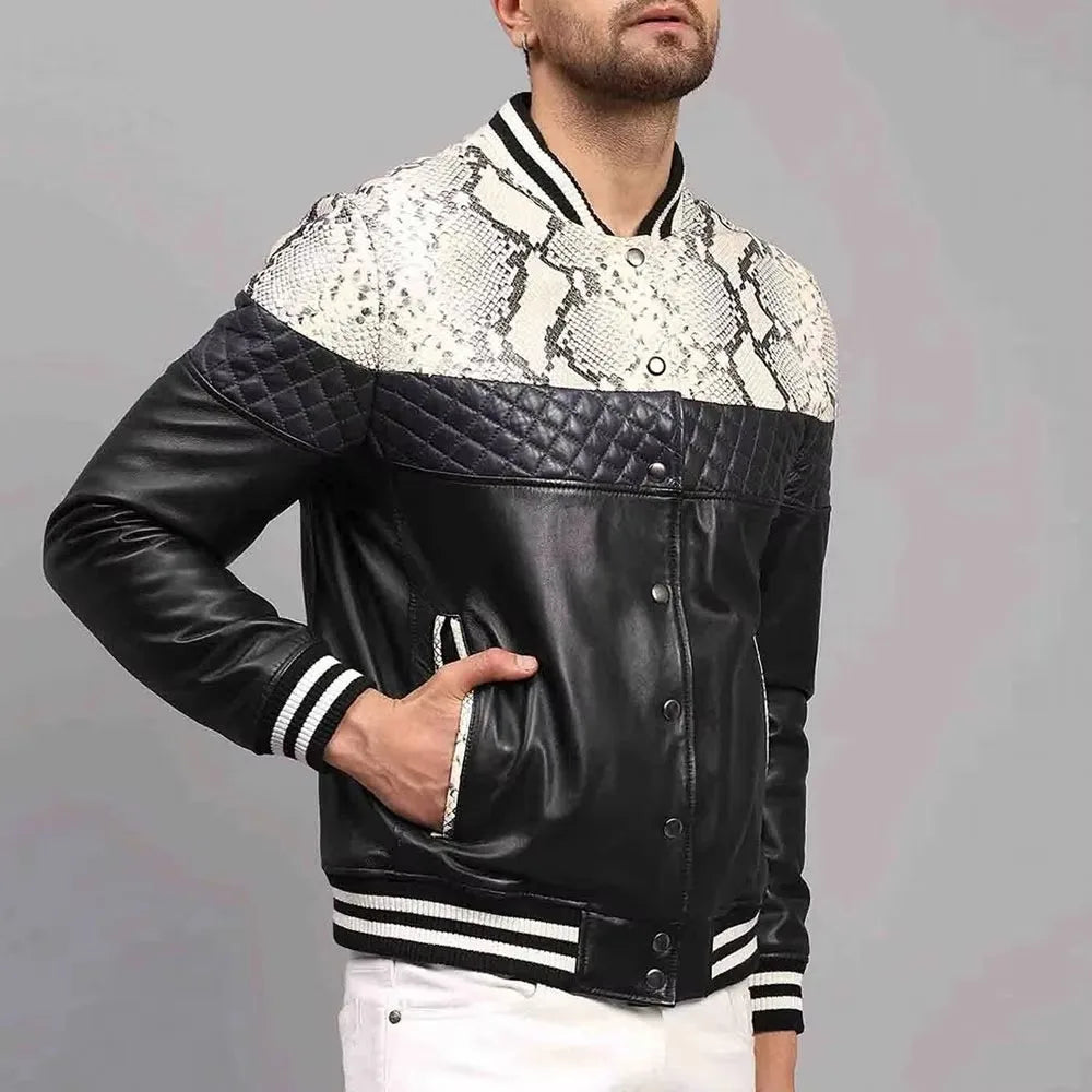 Black men's slim fit bomber jacket. Stand collar, breathable design. Casual winter outerwear for stylish men.