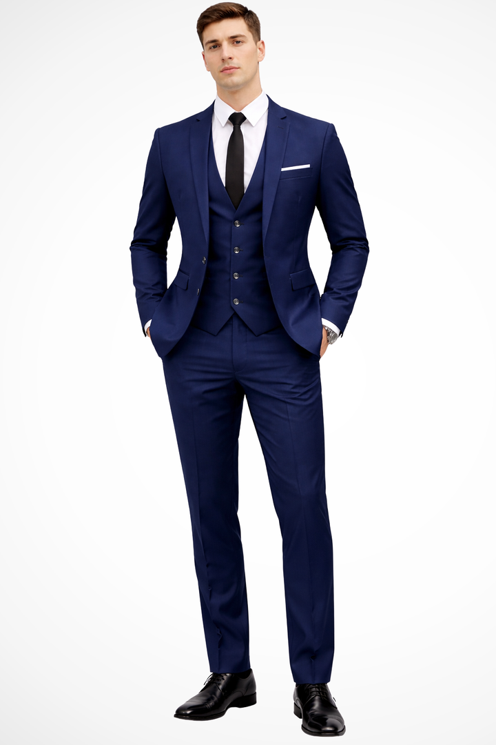 Men's slim fit burgundy 3 piece suit with notch lapel, perfect for wedding guests.