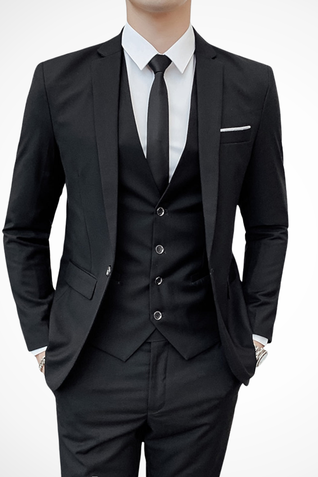 Men's formal wear: a classic black three piece suit with a refined notch lapel.
