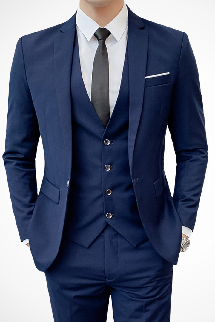Elegant men's black tailored three piece suit, ideal for formal occasion wear.