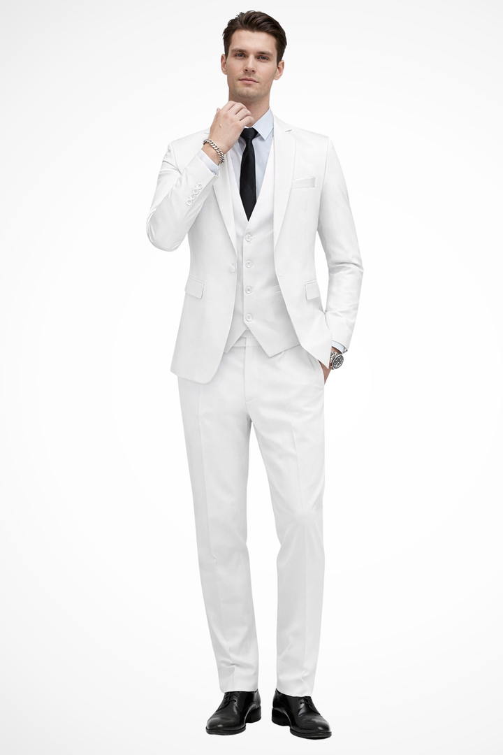 Front view of a sophisticated men's burgundy three piece suit, tailored for elegance.