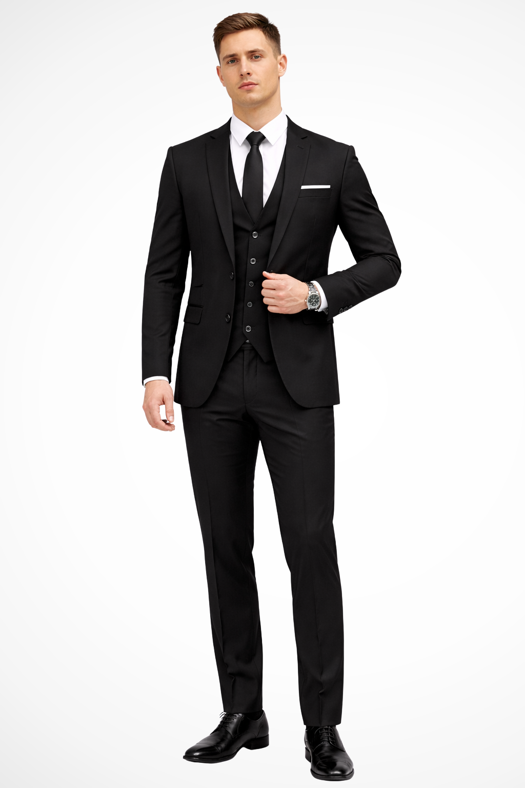 Groom wearing a slim fit burgundy 3 piece suit with notch lapel, occasion wear.