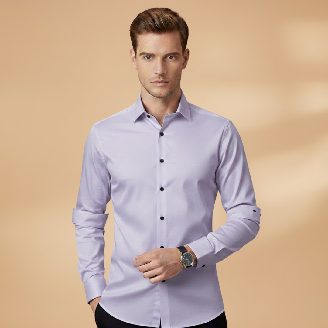 Front view of a men's slim-fit shirt, showcasing its clean lines.