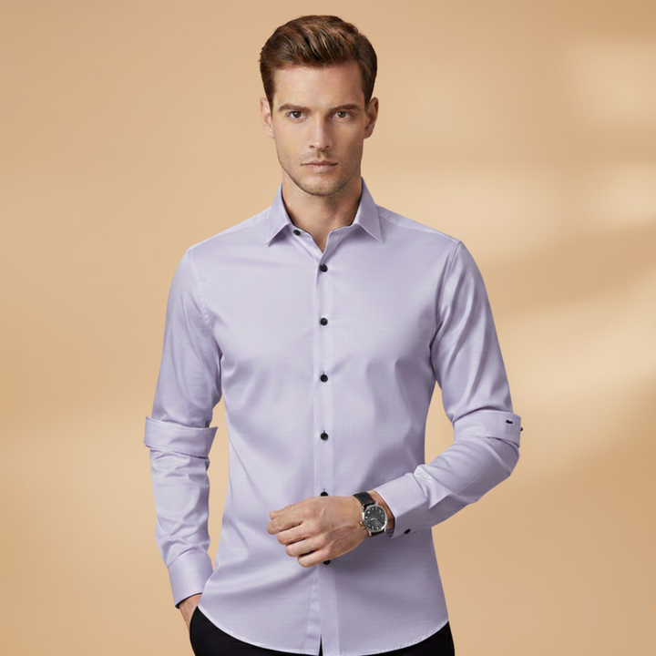 Front view of a men's slim-fit shirt, showcasing its clean lines.