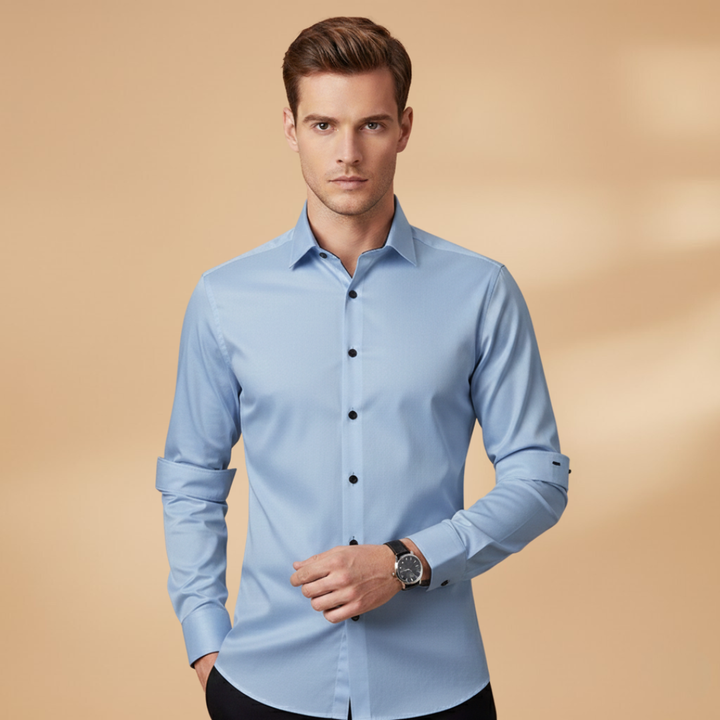 Crisp collar on a men's button-down shirt, designed for a tailored fit.