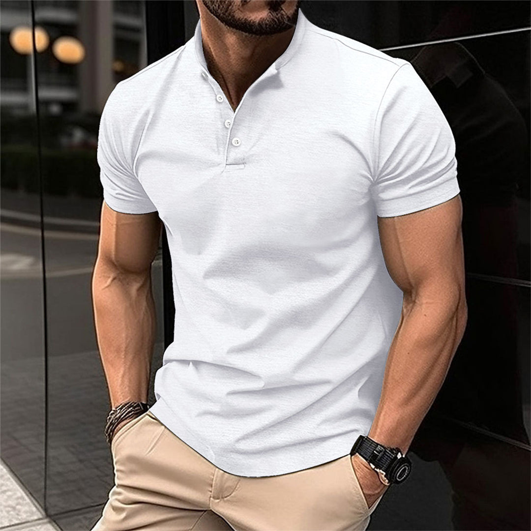 Men's slim fit button neck polo shirt in navy blue, a stylish casual top