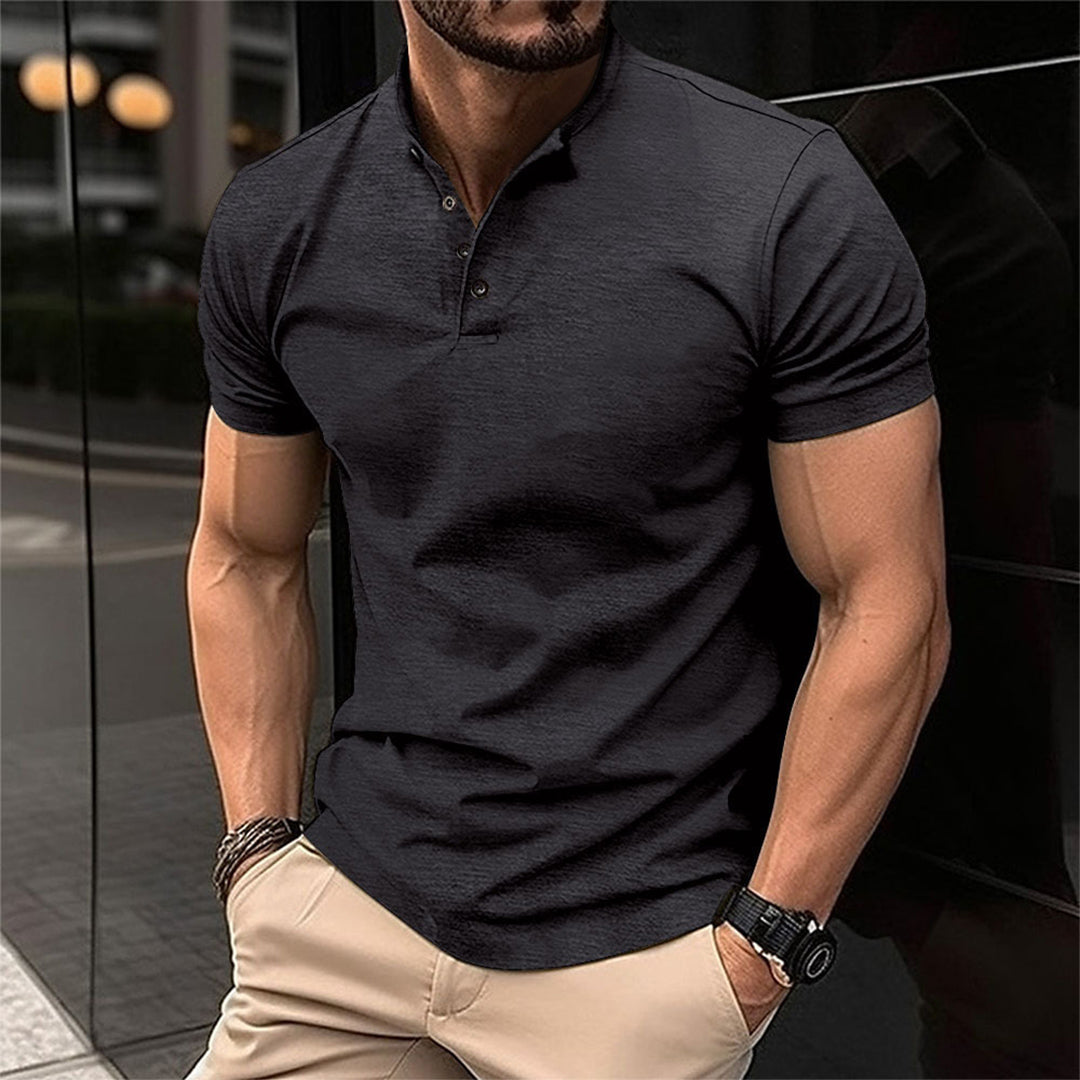 Close-up of the button neck detail on a men's short sleeve slim fit polo shirt