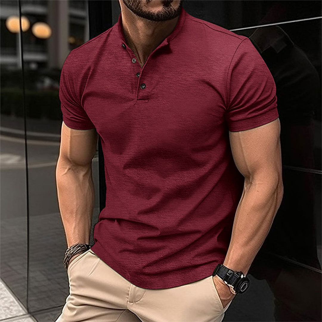 Grey men's casual top, a short sleeve button neck polo with a slim fit
