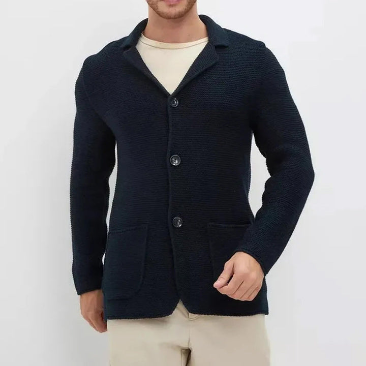 Stylish men's slim fit cardigan in versatile grey, featuring a smart turn-down collar & practical button front.