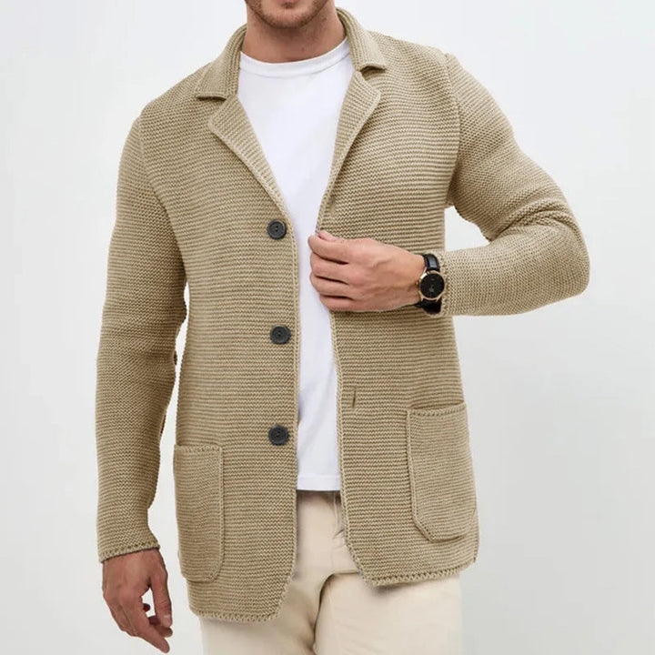 Man wearing a comfortable slim fit men's cardigan, styled casually for everyday and transitional weather.
