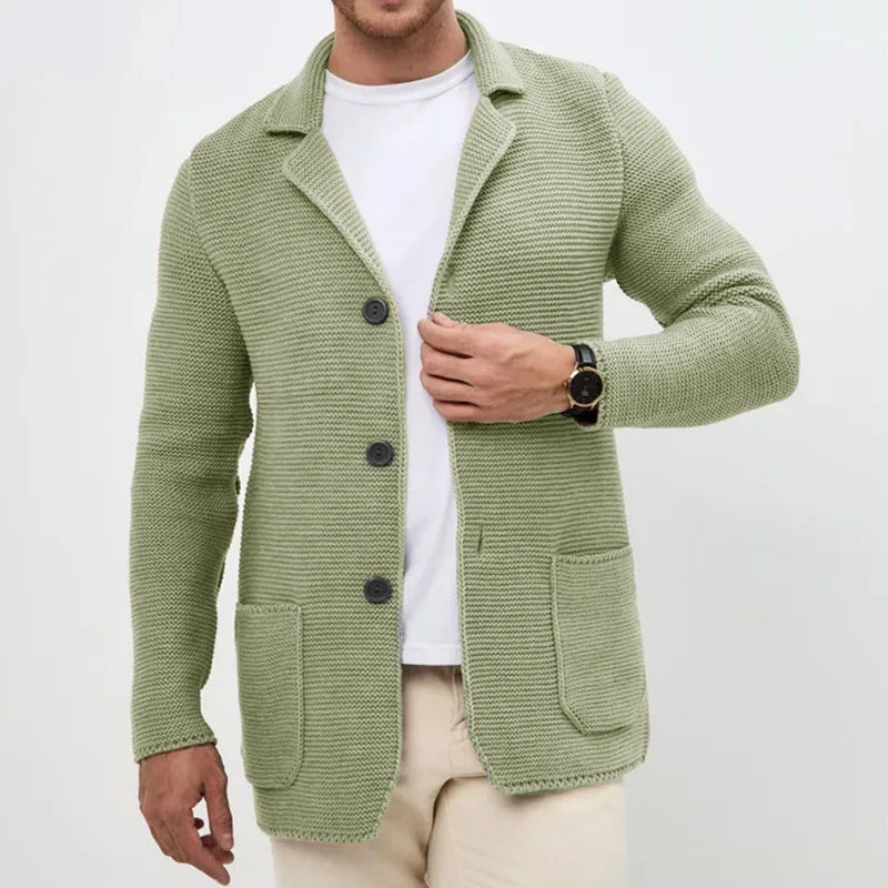 Everyday men's casual slim fit cardigan in a solid color, featuring a classic button front design for menswear.