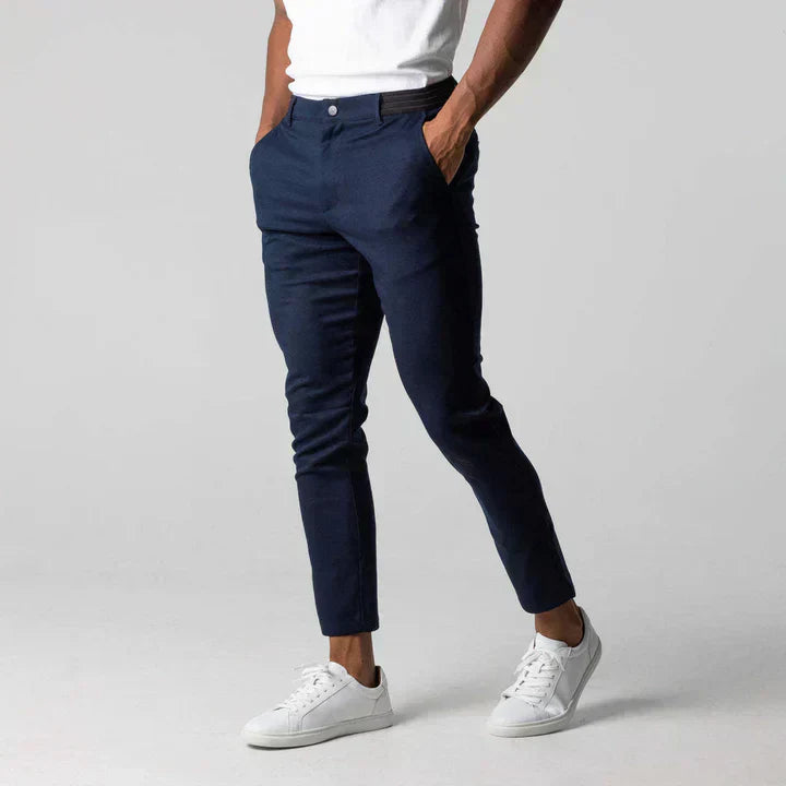 Trendy men's slim fit chinos, ideal for versatile styling, offering comfort for both casual and smart looks.