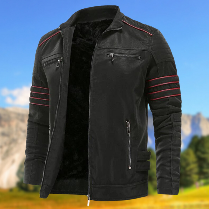 Stylish men's slim-fit jacket, a modern casual outerwear piece with unique accent stripes.