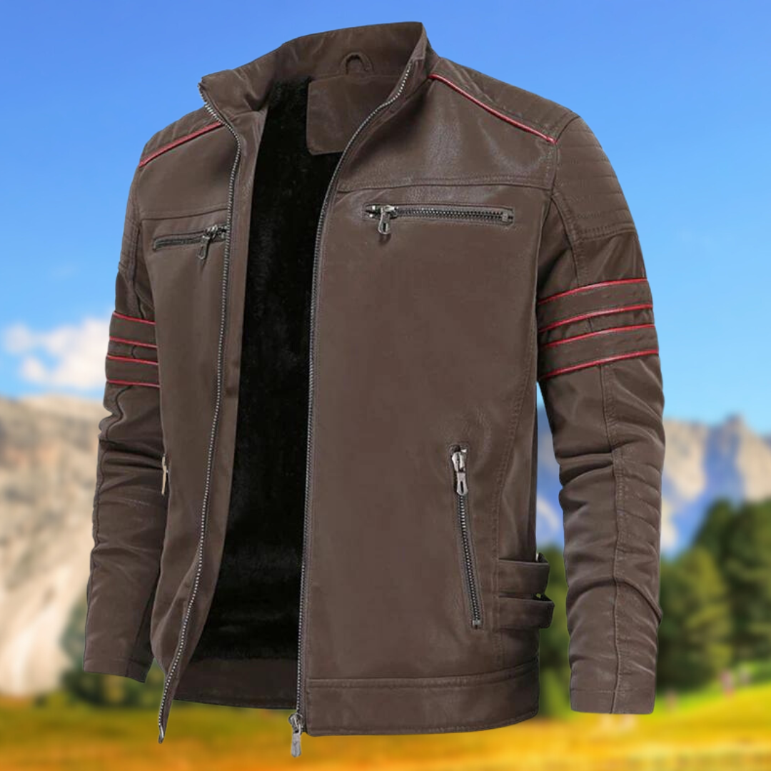 Men's casual slim-fit jacket featuring a stand collar, zip pockets, and trendy accent stripes.