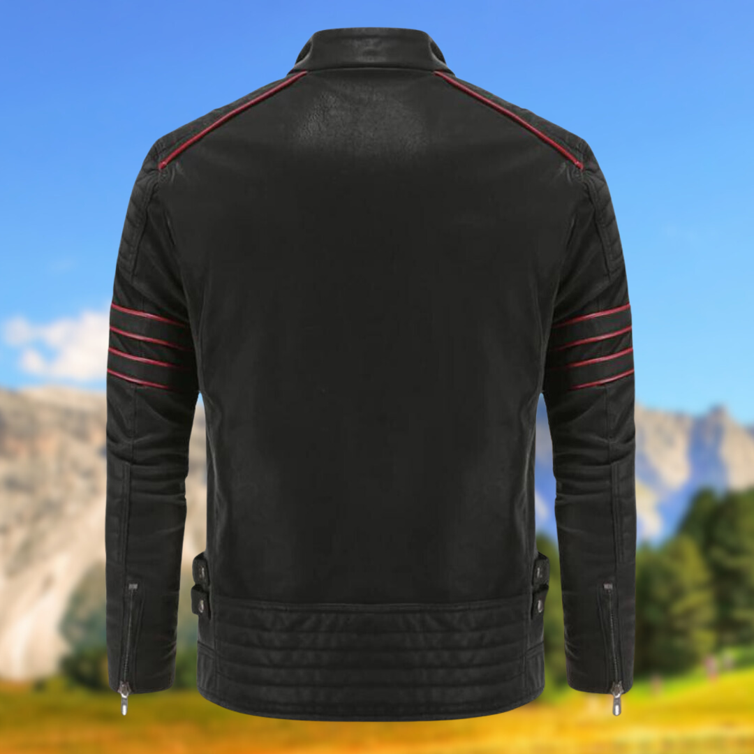 Close-up of a men's slim-fit casual jacket, showcasing the unique accent stripes and stand collar.