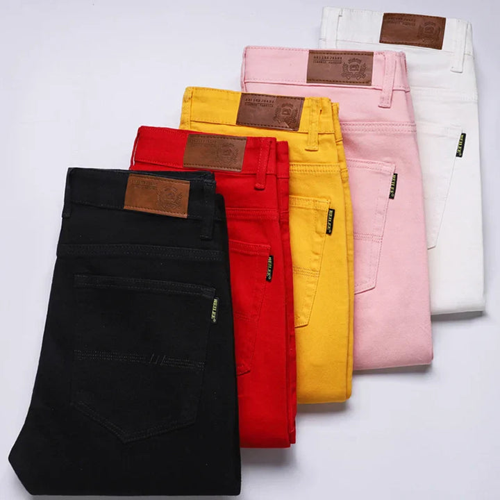 Model wearing stylish men's casual slim fit jeans for streetwear.
