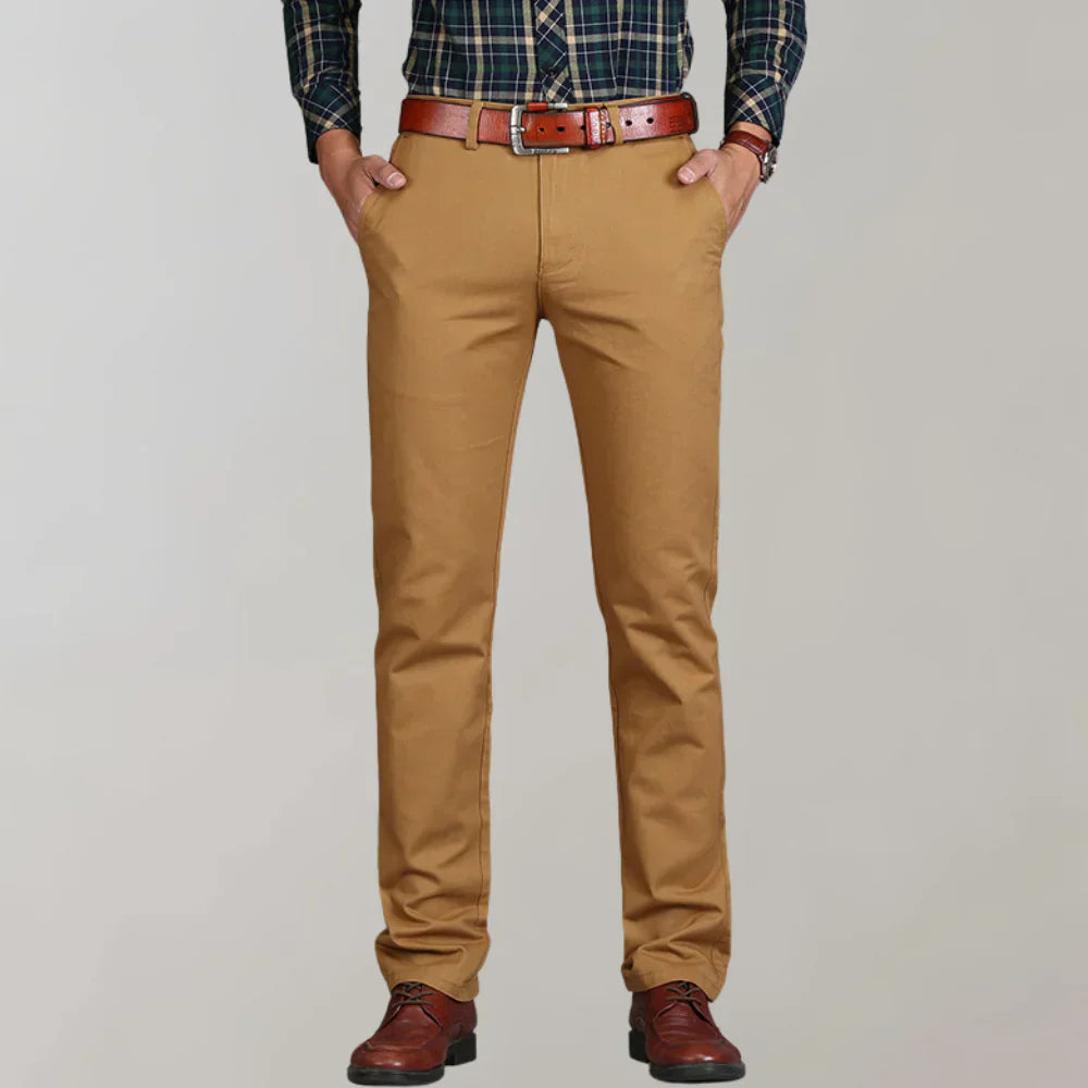 Comfortable men's slim fit chinos, showcasing their versatile design for modern everyday wear and men's fashion.