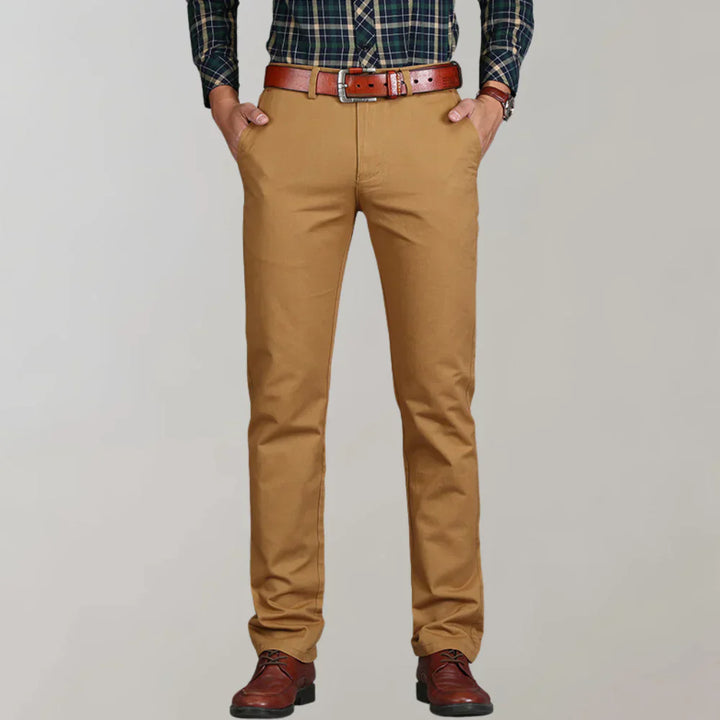 Comfortable men's slim fit chinos, showcasing their versatile design for modern everyday wear and men's fashion.