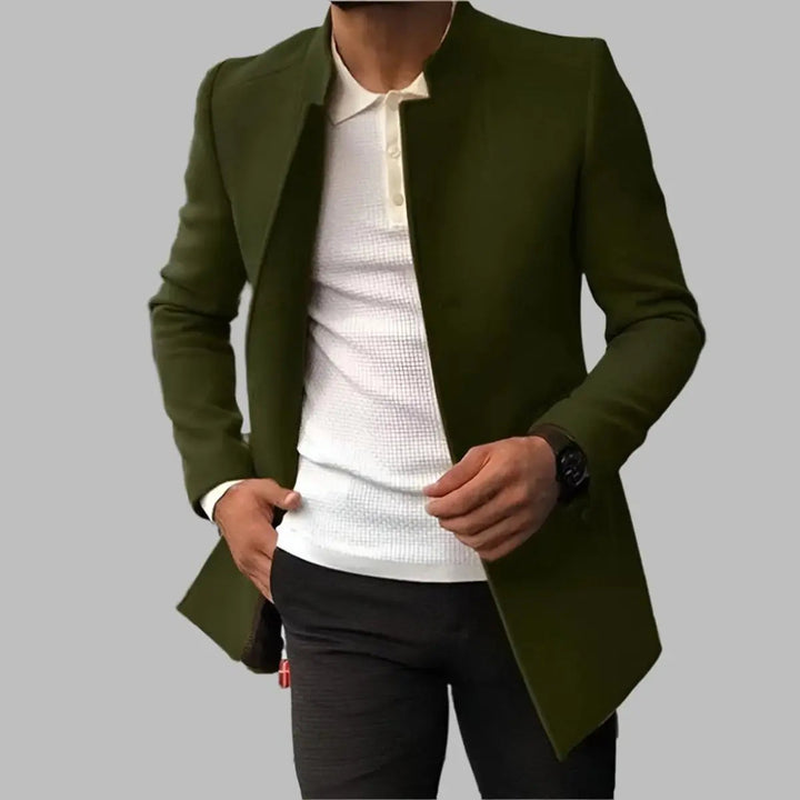 Men's slim-fit collarless smart overcoat, tailored for modern elegance & sophisticated winter style.
