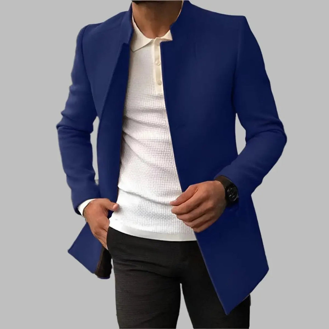 Elegant men's slim-fit collarless overcoat, a smart formal jacket for modern men's outerwear.