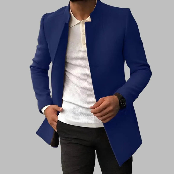 Elegant men's slim-fit collarless overcoat, a smart formal jacket for modern men's outerwear.