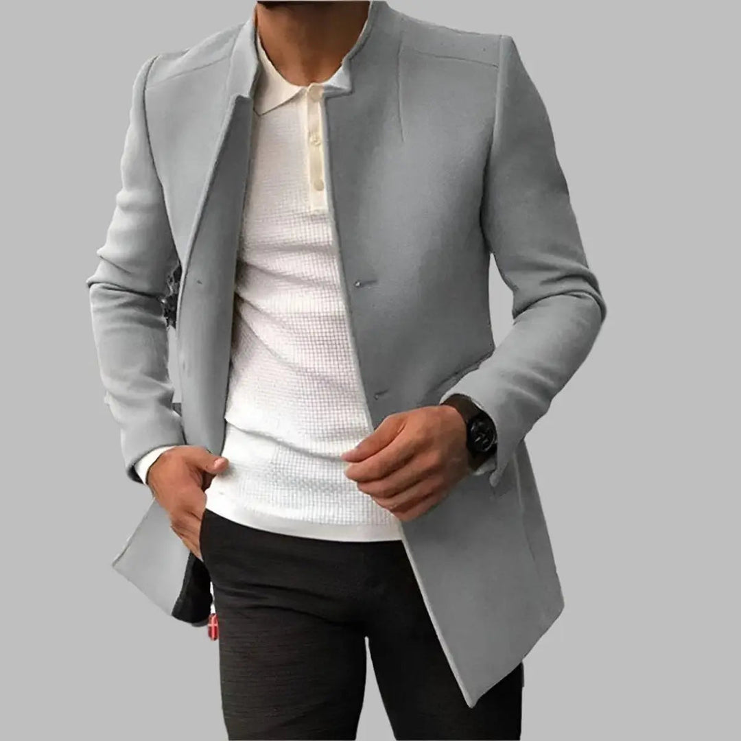 Stylish men's slim-fit collarless overcoat, perfect tailored outerwear for a sharp, modern look.