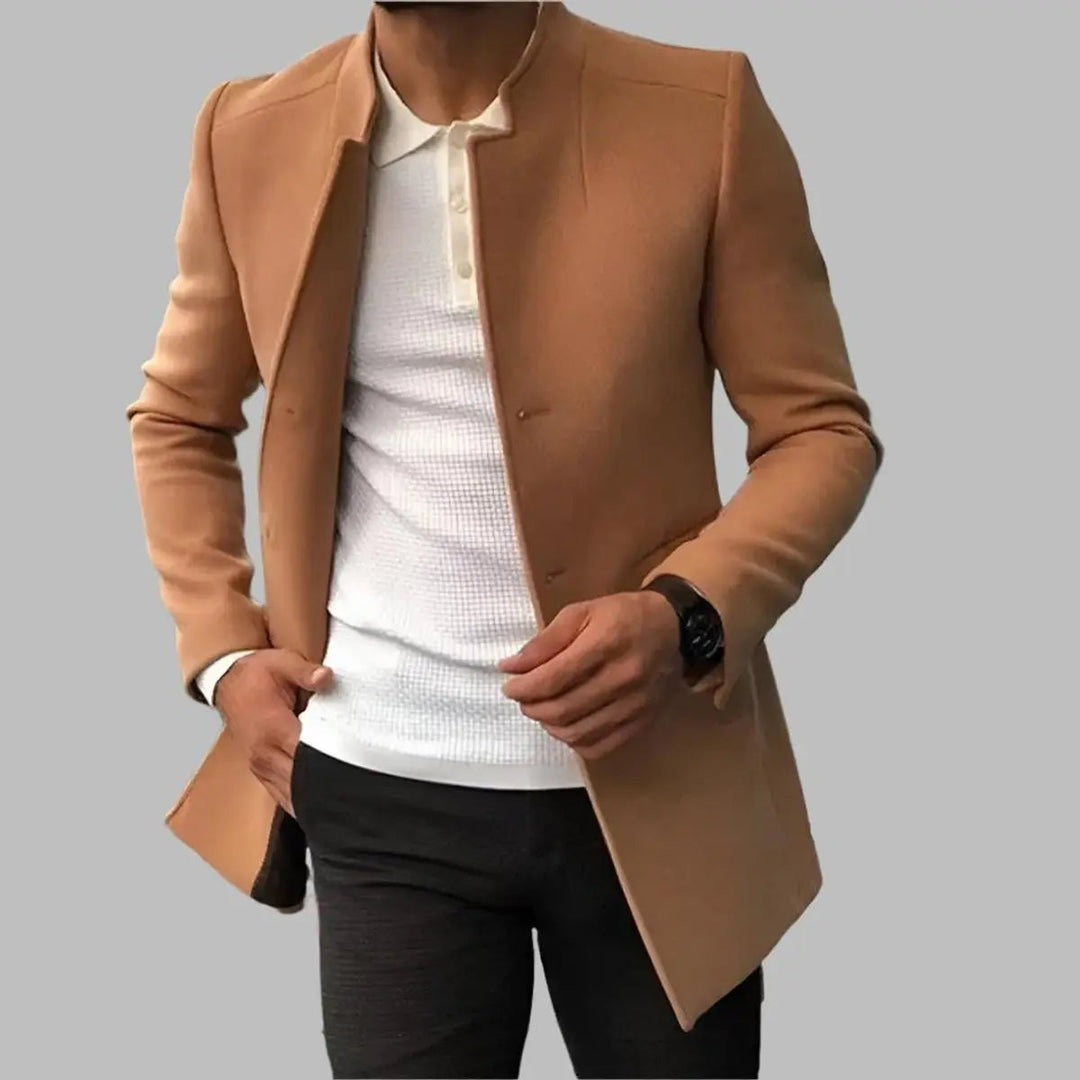 Formal men's slim-fit collarless overcoat, a sleek smart jacket for contemporary winter fashion.
