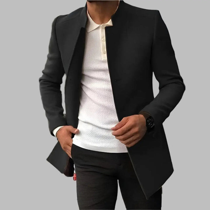 Modern men's slim-fit collarless overcoat, a tailored outerwear piece for an elegant smart aesthetic.