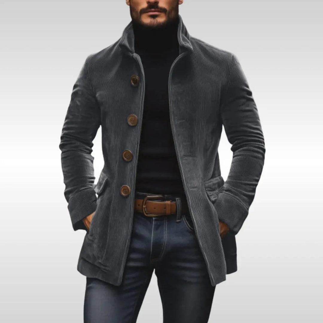 Men's slim-fit corduroy jacket with a stand collar and button-up front, perfect for smart casual autumn looks.
