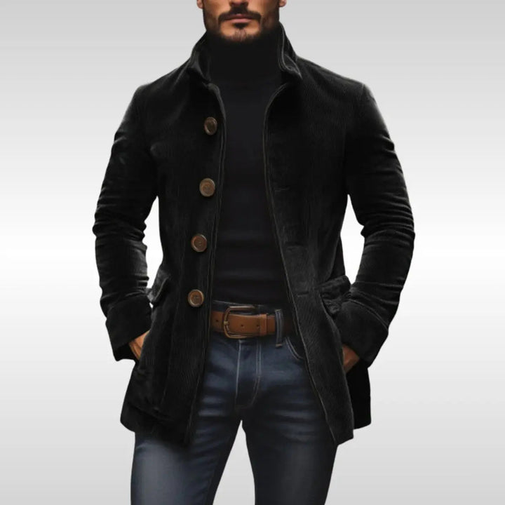 Distinguished men's corduroy jacket, slim-fit, featuring a stylish stand collar and classic button-up design.