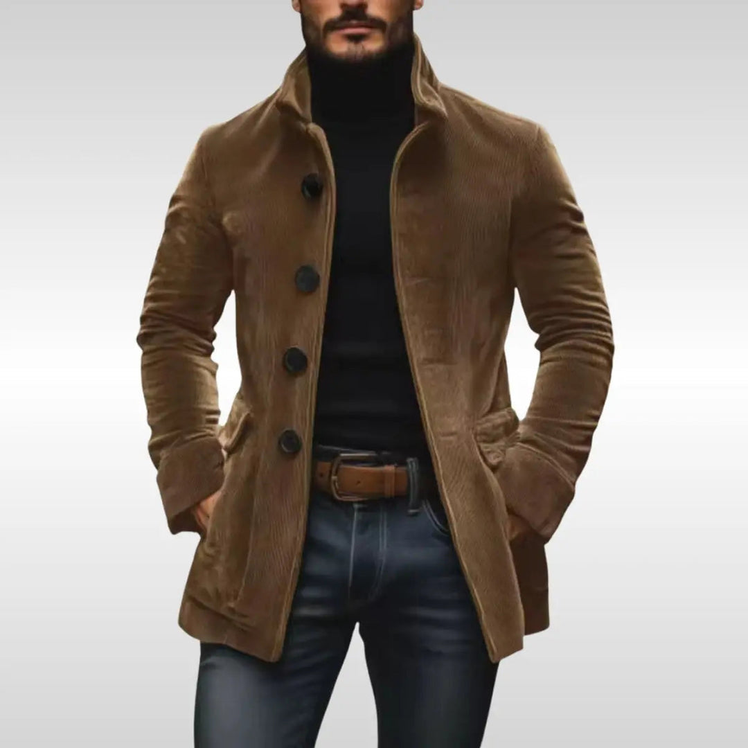 Stylish men's slim-fit corduroy jacket, ideal autumn & winter outerwear with a sophisticated stand collar.