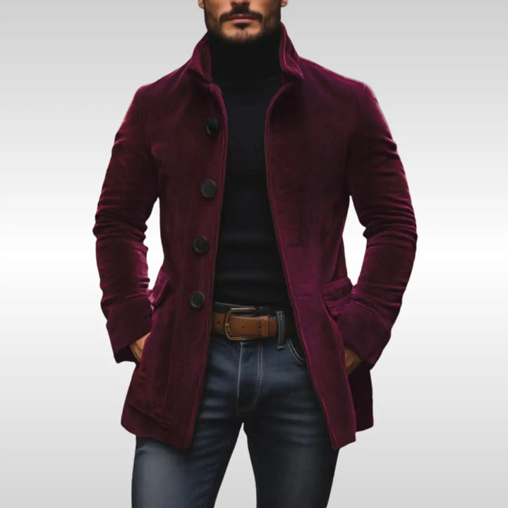 Men's slim-fit corduroy button-up jacket, versatile for smart casual wear, featuring a crisp stand collar.