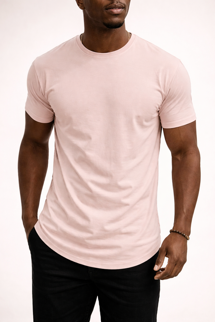 Model wearing a men's slim fit crew neck t-shirt, showcasing its versatile style.
