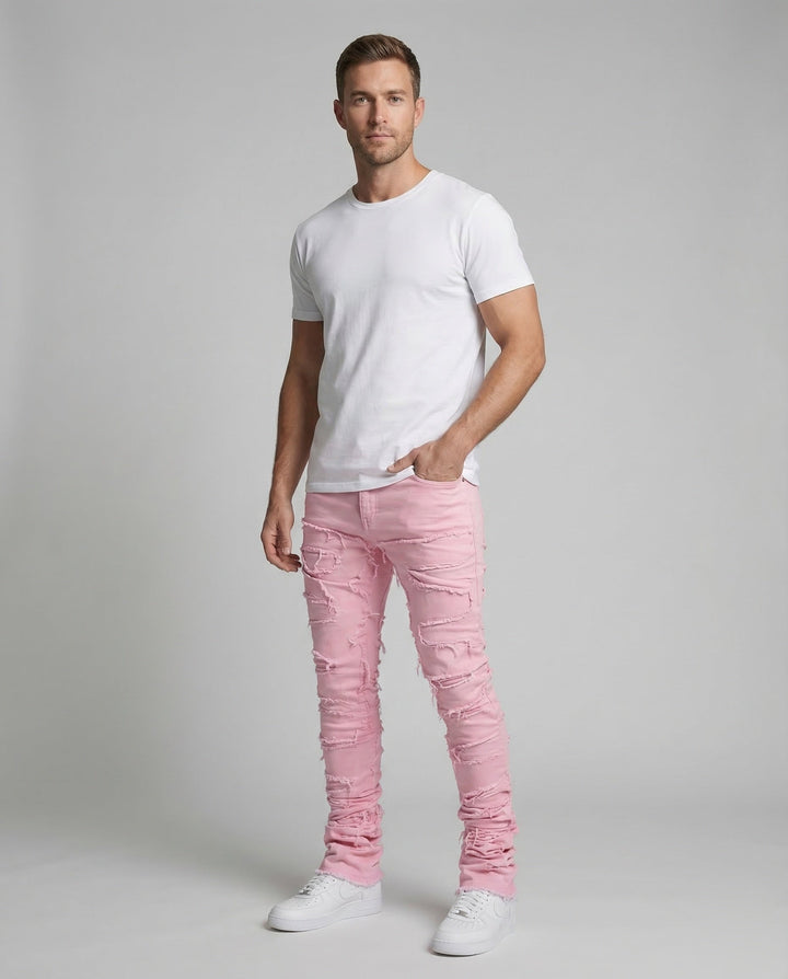Men's slim fit destroyed jeans, perfect for urban style & modern streetwear fashion.