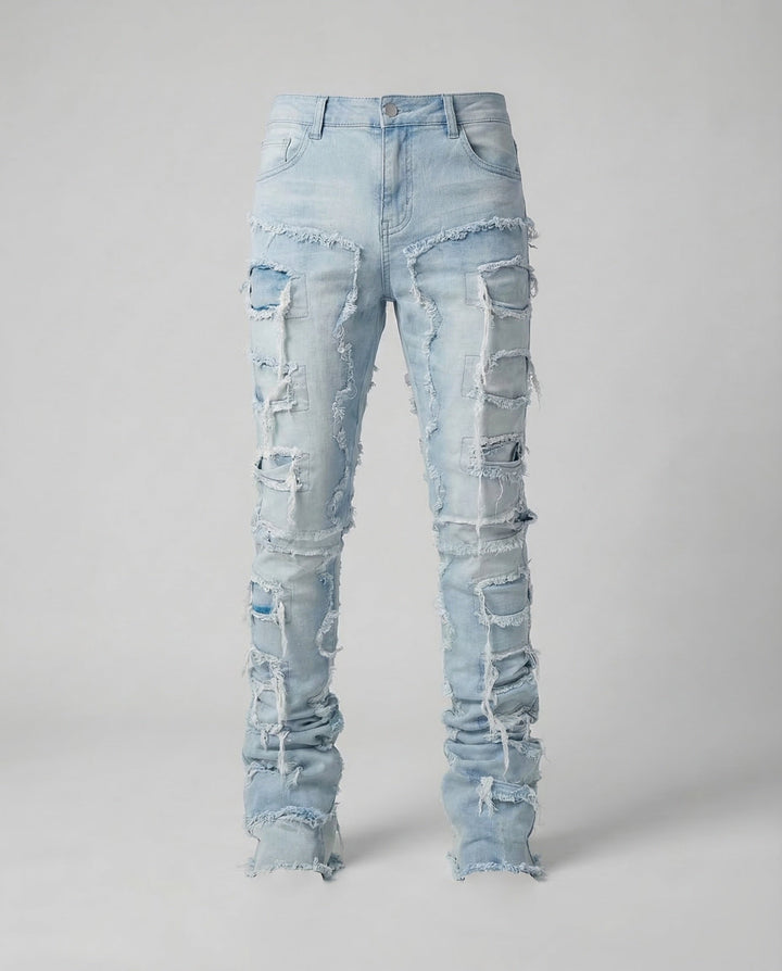 Casual men's ripped jeans, slim fit, offering a relaxed yet edgy look for urban adventures.