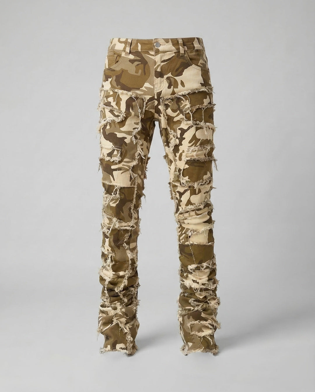 Trendy men's ripped slim fit jeans, enhancing any urban style ensemble with their distressed look.