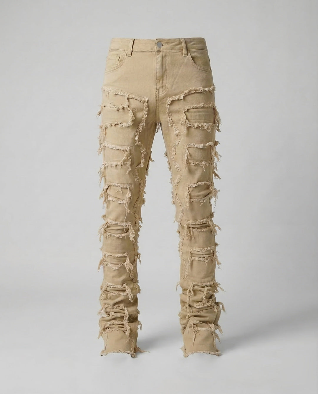 High-quality men's distressed denim slim fit jeans, combining durability with edgy urban fashion.