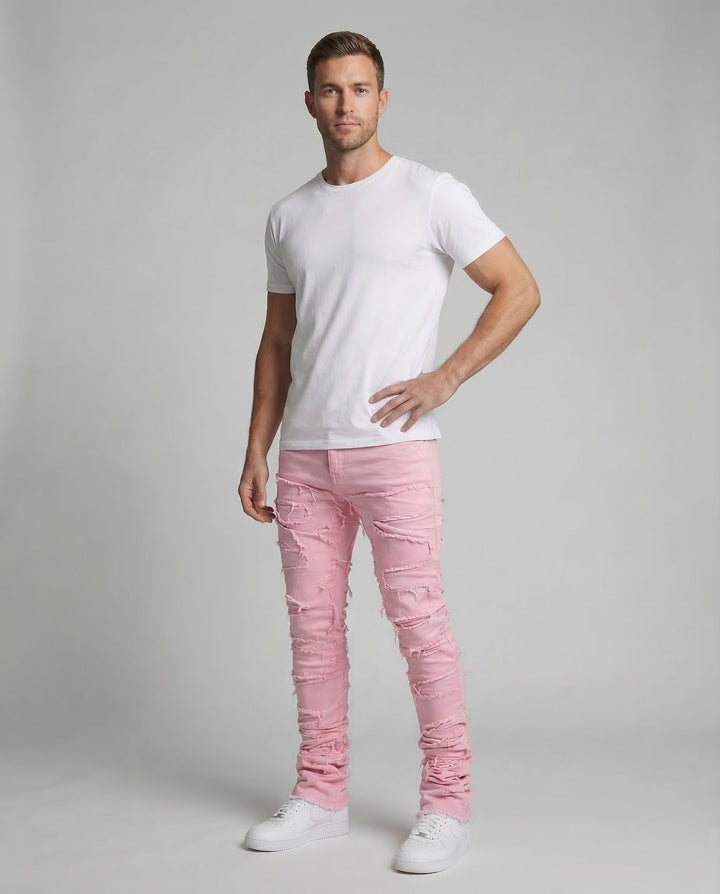 Stylish men's ripped slim fit jeans, showcasing distressed denim for an edgy look.
