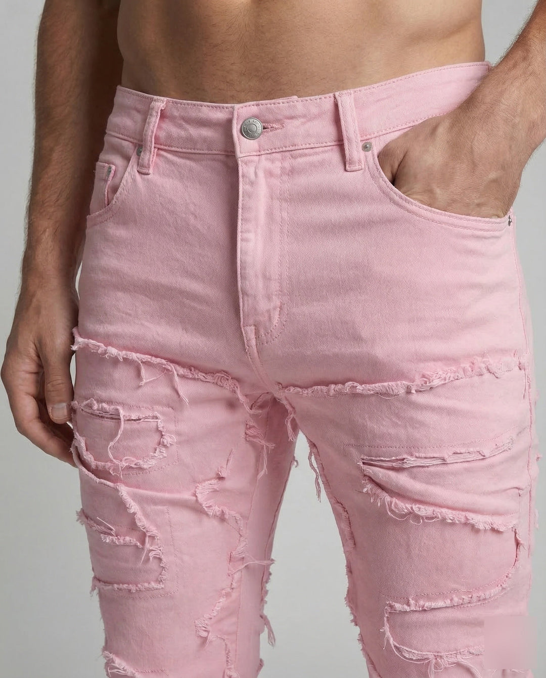 Front view: Men's slim fit destroyed jeans for urban streetwear, festival wear & casual fashion.