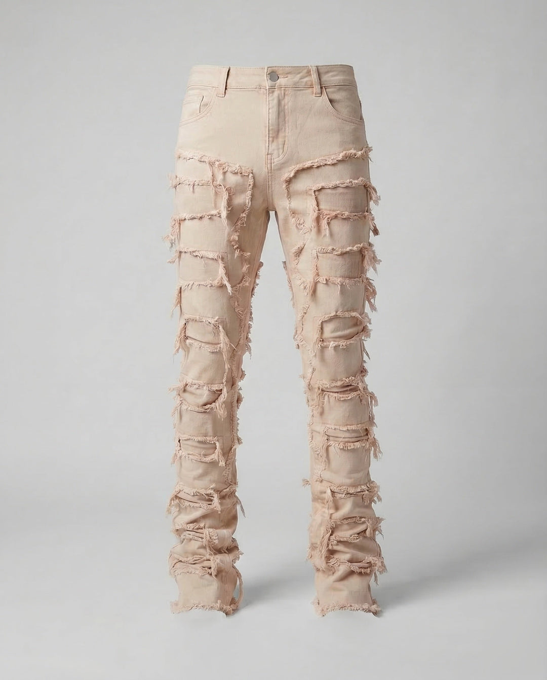 Back view: Men's slim fit destroyed jeans, highlighting unique distressed denim & urban style.