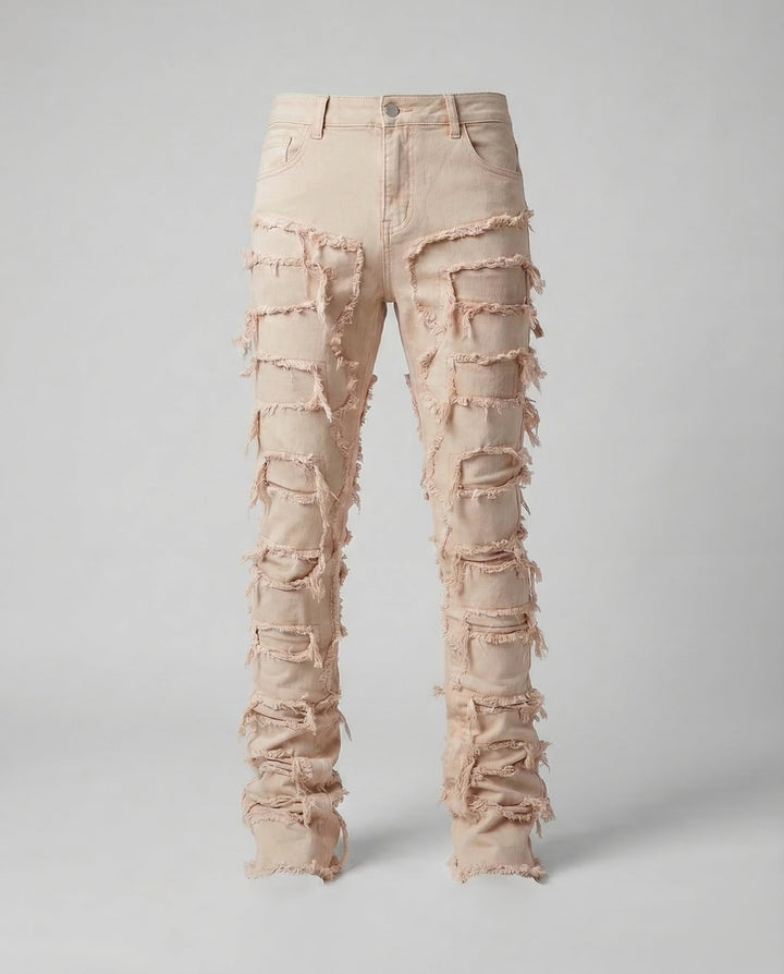Back view: Men's slim fit destroyed jeans, highlighting unique distressed denim & urban style.