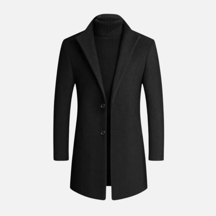 Men's slim-fit dress coat, elegant black overcoat with button front, perfect for formal wear & smart casual events.