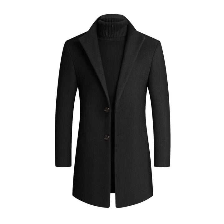 Tailored men's slim-fit overcoat for formal occasions. Elegant long-sleeve dress coat offers modern comfort & style.