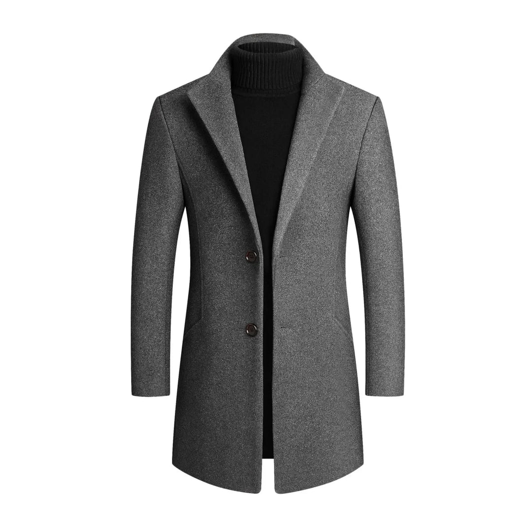 Sophisticated men's slim-fit dress coat. Modern tailored overcoat with button front, ideal for elegant style & comfort.
