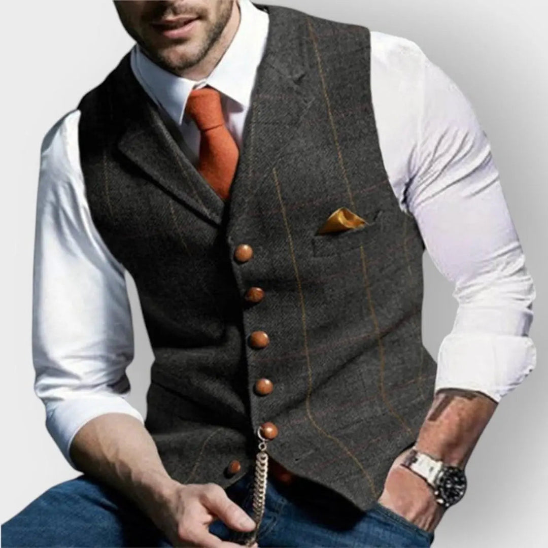 Men's slim fit herringbone checked gilet waistcoat, perfect for smart casual & formal layering.