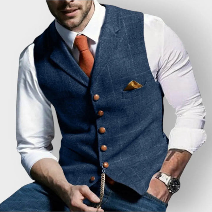 Blue men's slim fit herringbone waistcoat. Ideal business attire, formal events & smart casual layering.