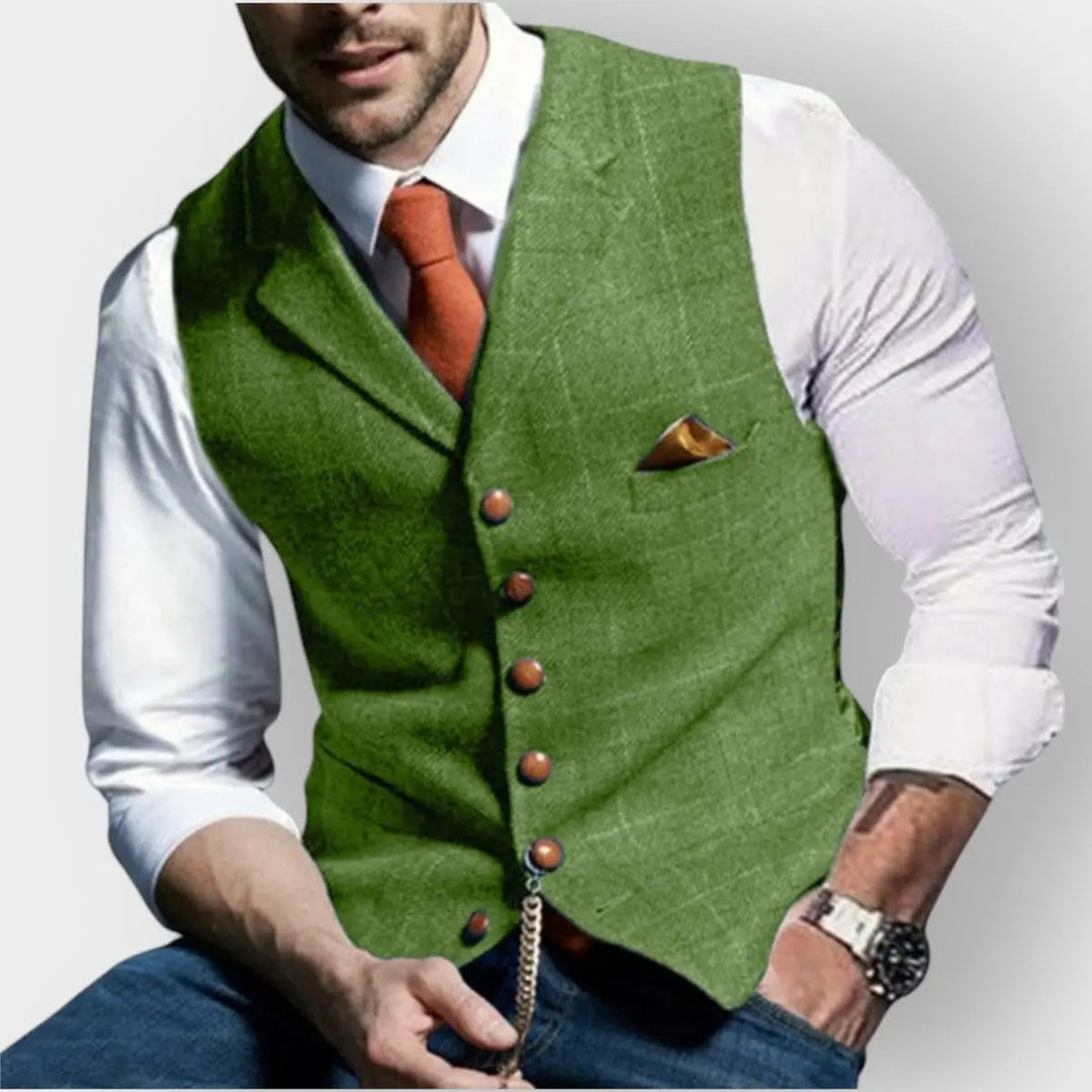Green men's slim fit herringbone checked vest. A sophisticated layering piece for event wear & business attire.