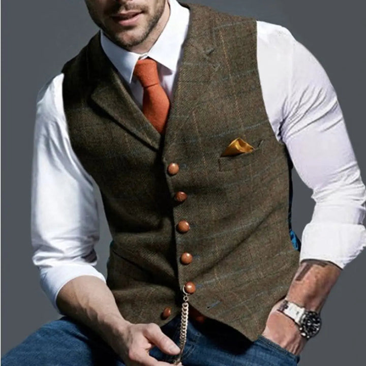Brown men's slim fit herringbone gilet waistcoat. Perfect for formal, smart casual, business & event wear.