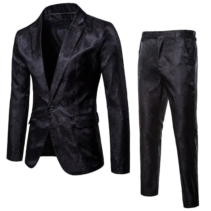 Men's slim fit jacquard suit set, two-piece blazer & trousers. Elegant formal wear for weddings, parties & evening events.