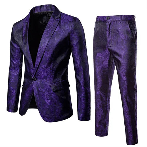 Stylish men's jacquard suit with a slim fit blazer & matching trousers. Modern formal attire for sophisticated party wear.